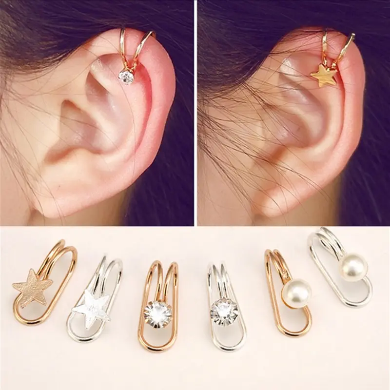 Ear Clip Simple Fashion Korean Style Diamond Cuff Heart Star Cross Crystal Earrings