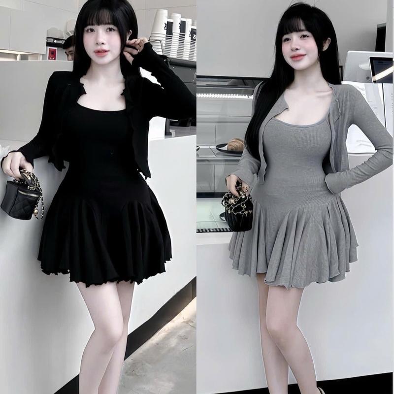 L6- sét đầm 2 dây thun gân dáng xòe, kèm áo khoác tay dài (36-55kg) Dress 0