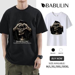 BABULIN 100% pure cotton men's printed T-shirt.260g hight weight Heart-shaped skull print T-shirt