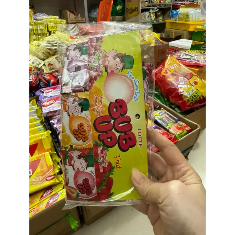 Bán sỉ dây kẹo cao su gum thổi BUB UP Lotte 24 gói 3g hương vị cam, nho, dâu thơm ngon, đồ ăn vặt cổng trường hot nhất bim bim banh dinh 2