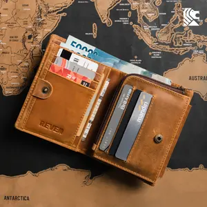 REVEN Aslan Dompet 3/4 Cowok Lipat 3 Resleting Koin Kancing Klip Slot Kartu ATM Kulit Sapi Jenis Crazy Horse Brown Tan Keren Awet Fungsional Cow Leather Card Holder Coin Holder/Purse