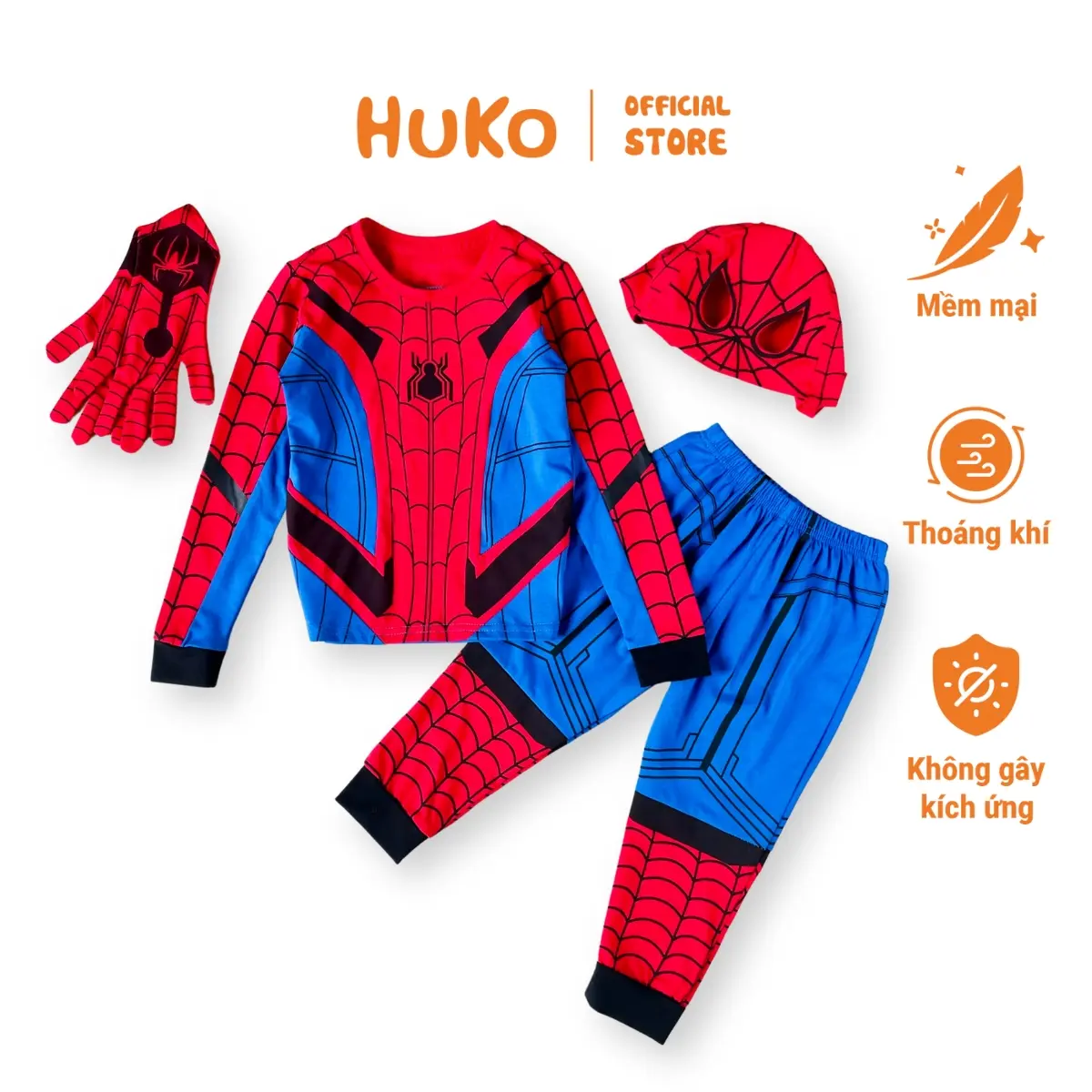 Bộ đồ siêu nhân cho bé trai nhện Spider Man dài tay Huko HB30, vải cotton, in chuyển nhiệt Thun