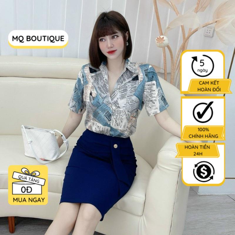 Áo sơ mi lụa cộc tay nữ cao cấp công sở họa tiết tờ báo cộc tay thanh lịch, áo sơ mi thiết kế MQ Boutique