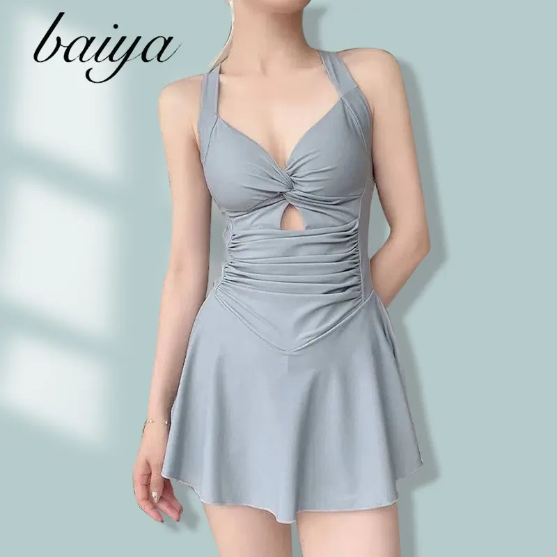 Women's Solid Color Slim Fit One-piece Swimsuit Dress Style Conservative Cinched Waist Vacation Sexy Swimsuit