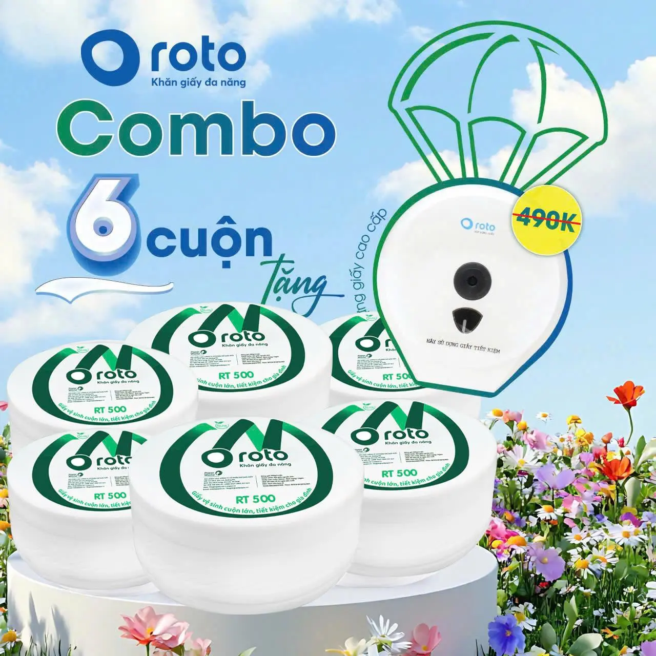 [COMBO 6 CUỘN - TẶNG HỘP ĐỰNG GIẤY] Giấy Vệ Sinh Cuộn Lớn  2 lớp ROTO mềm mịn, có lõi - Thế Giới Giấy -  RT500 Toilet