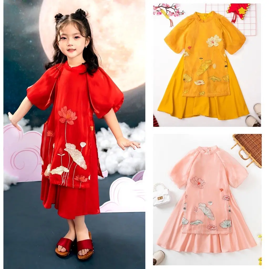 Set áo dài cách tân cho bé gái thêu hình Hoa sen từ 9-37kg, Áo dài tết cho bé gái 2 màu vàng, đỏ
