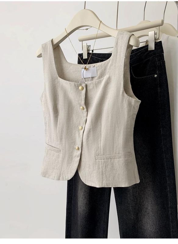 Product Introduction of [In Stock] Women Old Money Style High-gard Square Neck Gold Buttons Sleeveless Jacket Vests 7