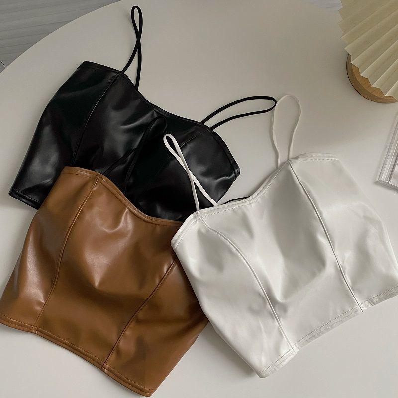 Product Introduction of European and American hot girl PU leather jacket, camisole, small vest, women's autumn outfit with chest cushion, short base shirt, top Lingerie Tube Lady Basic Minimalist Spaghetti Strap 11