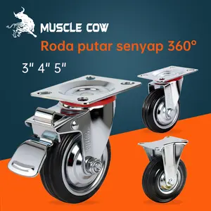 MUSCLE COW Roda Troli Putar 360° 3” 4” 5” Roda Caster Senyap dengan Rem Plat Baja untuk Troli dan Rak