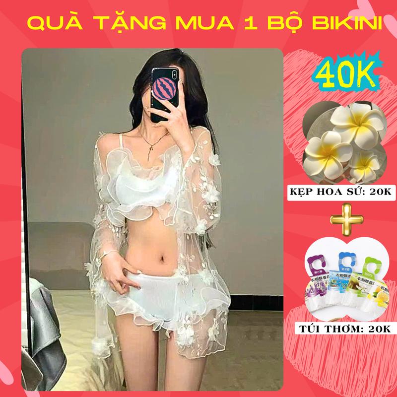 Set Bikini Công Chúa Đồ Bơi Nữ Set 3 Chi Tiết Nhún Bèo Áo Khoác Voan Dài Thêu Hoa Xuyên Thấu 2 Màu Đen Trắng Phong Cách Quyến Rũ 21503 D6