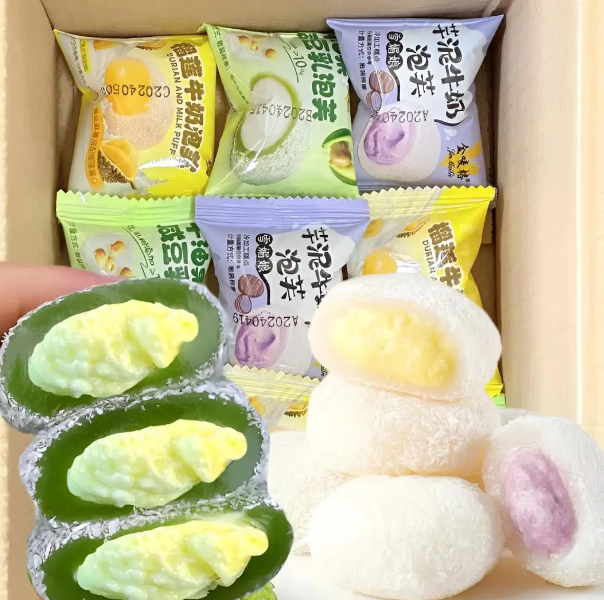 Mochi kem Đài loan 6 vị trái cây, (sầu riêng, bơ, đào, xoài, khoai môn, kem muối) Ăn Vặt Food Snack Thức Ăn Cake 2.5kg（95-100） Chua banhque