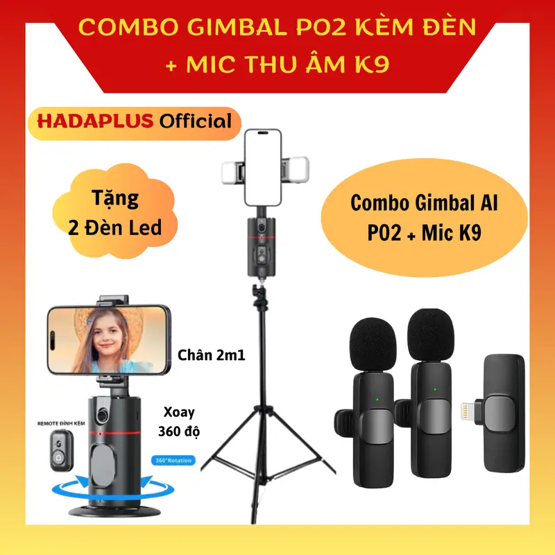 [MUA 1 COMBO - Tặng 2 Đèn Led] Combo Gimbal Điện Thoại P02 HADAPLUS  Và Micro Thu Âm K9 HADAPLUS Hỗ Trợ Quay Video Tiện Lợi Kèm Remote Điều Khiển - Selfie, Phụ Kiện 0
