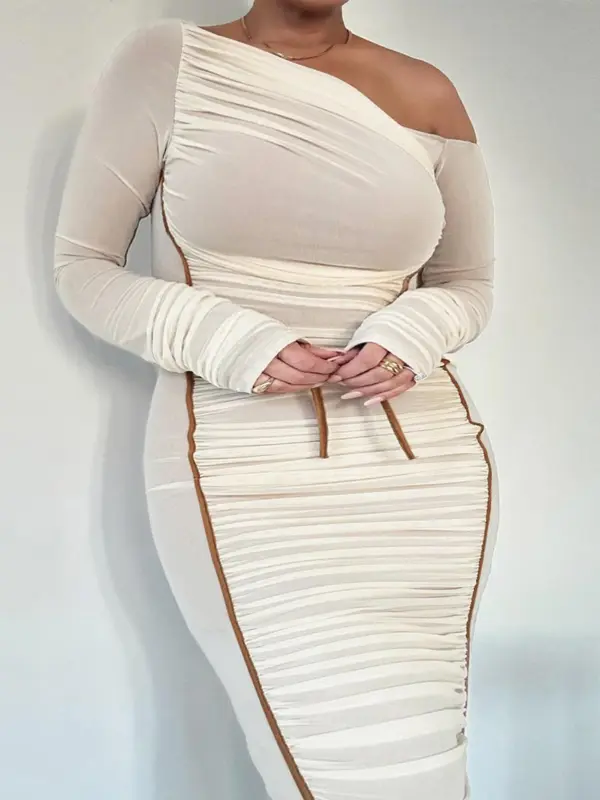 【Plus Size】 Colorblock Ruched Asymmetrical Neck Bodycon Dress, Elegant Long Sleeve Tulle Dress for Party Club Holiday, Women's Clothes for Spring & Fall, Longsleeves Womenswear, Lady 3