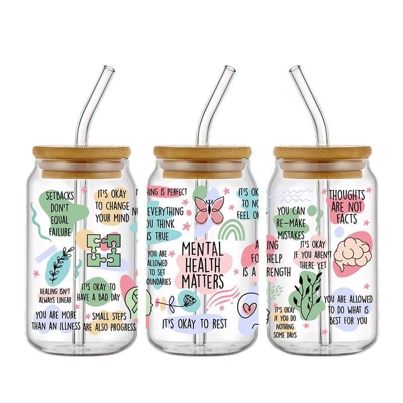 Mental Health Design Cup Wrap Transfer Sticker, 4 Counts/set Drinking Wraps Sticker For 16 OZ Libby Glass, Decor Sticker For Coffee Milky Cup Glass Bottle 4