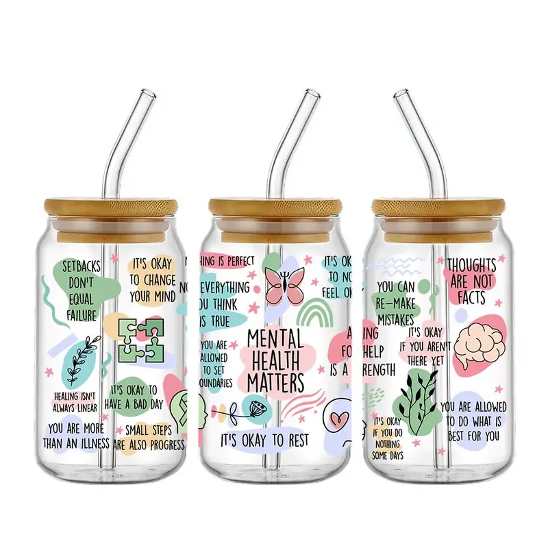 Mental Health Design Cup Wrap Transfer Sticker, 4 Counts/set Drinking Wraps Sticker For 16 OZ Libby Glass, Decor Sticker For Coffee Milky Cup Glass Bottle 3