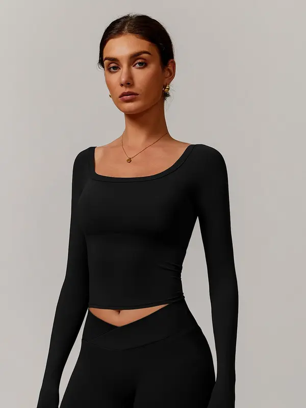 Women's Solid Color Sports Tee, Tight Fit Casual Active Long Sleeve Top for Yoga Gym Workout, Ladies Active Exercise Sportswear Fitness for All Seasons 2
