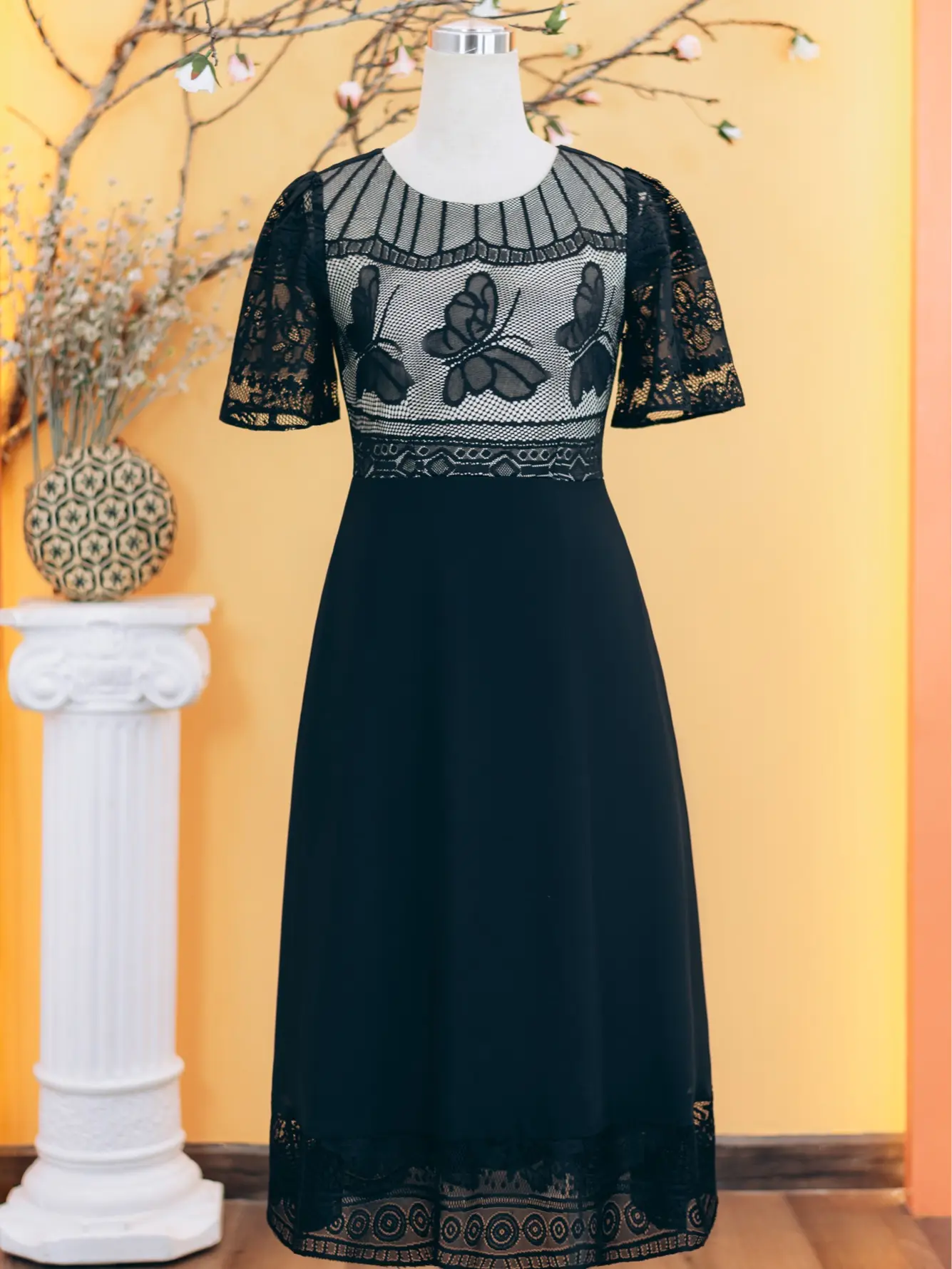 5.5 Săn đầm ưu đãi săn đầm liền tay Đầm trung niên TTV1752 Vải Voan chiffon phối ren  Thoáng mát Dáng xòe Cổ tròn Tay ngắn Màu đen Quý phái sang trọng Nữ Women Dress Váy Cotton Thun