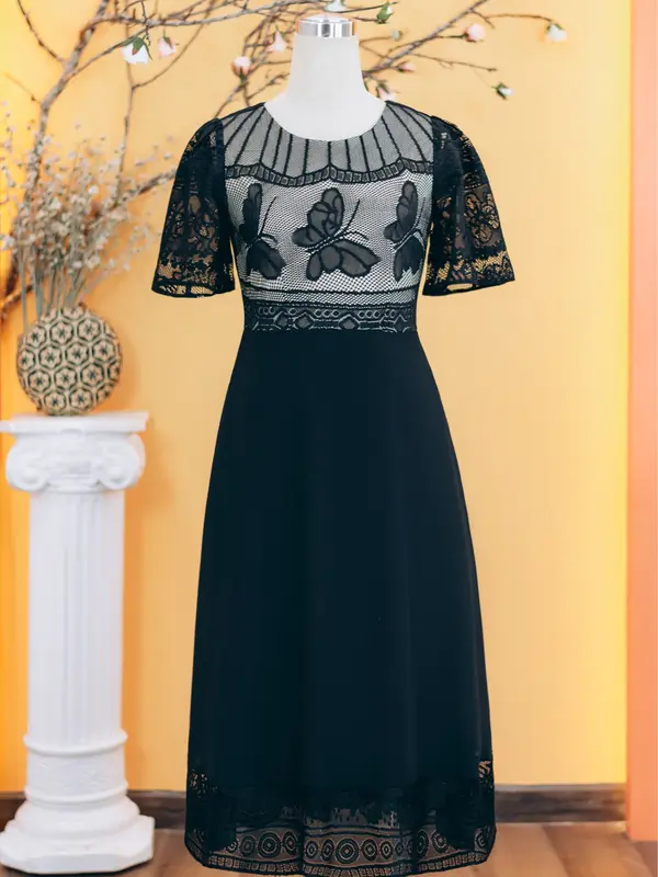 Sale giữa tháng mua sắm đầm đẹp săn đầm liền tay Đầm trung niên TTV1752 Vải Voan chiffon phối ren  Thoáng mát Dáng xòe Cổ tròn Tay ngắn Màu đen Quý phái sang trọng Nữ Women Dress Váy Cotton Thun 0