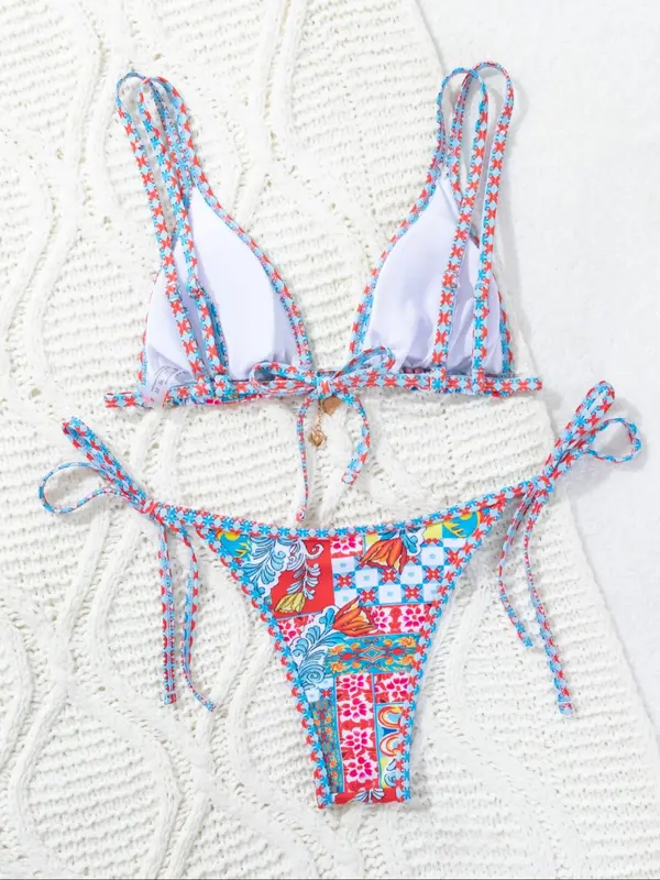 Women's Colorblock & Floral Patchwork Print Bikini Set, Swimming Costume Women, Casual Tie Back Triangle Swim Bra & Tie Side Swim Thong, Two-piece Swimsuit for Women Summer Beach Holiday Vacation Swimming, Bikinis Sets, Bathing Suits, Bikini Outfits 6
