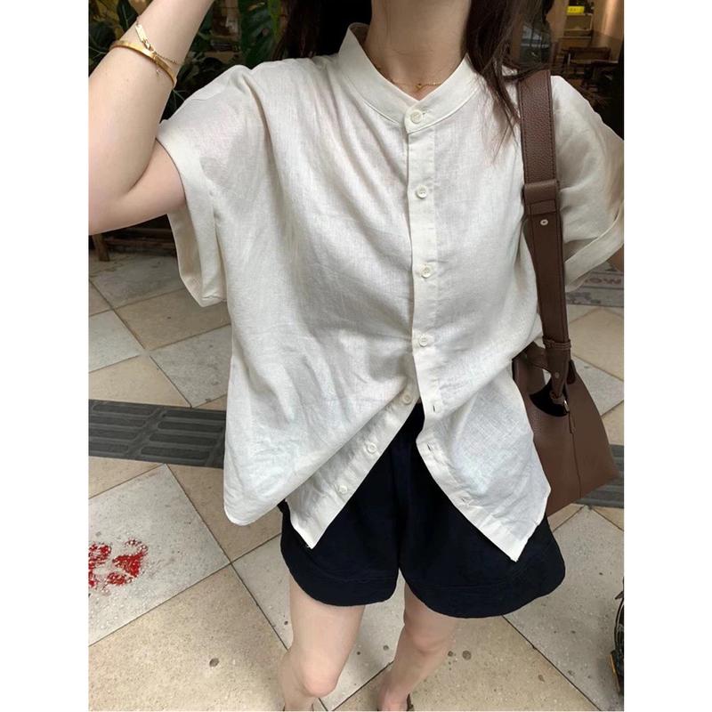 Áo sơ mi cộc tay cổ tàu tay hến chất đũi bảng màu pastel thoáng mát Nữ Women Top Shirt Kem