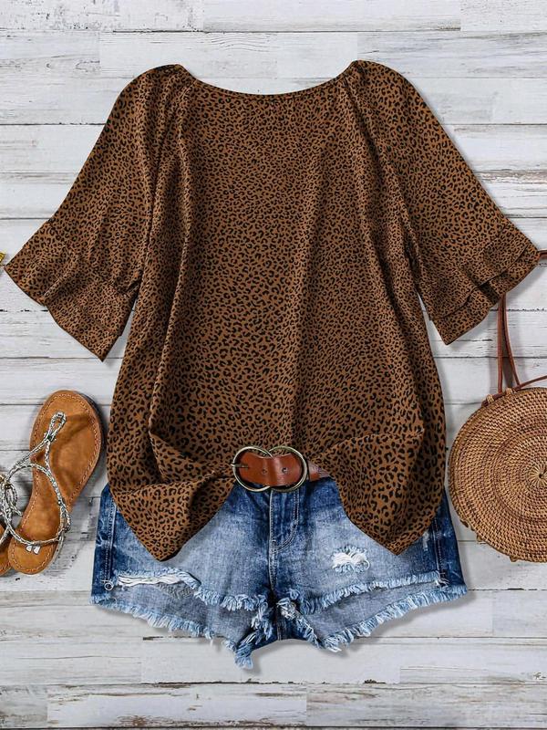 Plus Size Leopard Print Flounce Sleeve Blouse, Elegant Round Neck Half Sleeve Top for Spring & Fall, Women's Plus Clothing for Daily Wear 4