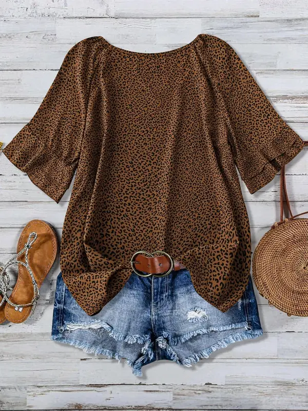 Plus Size Leopard Print Flounce Sleeve Blouse, Elegant Round Neck Half Sleeve Top for Spring & Fall, Women's Plus Clothing for Daily Wear 1