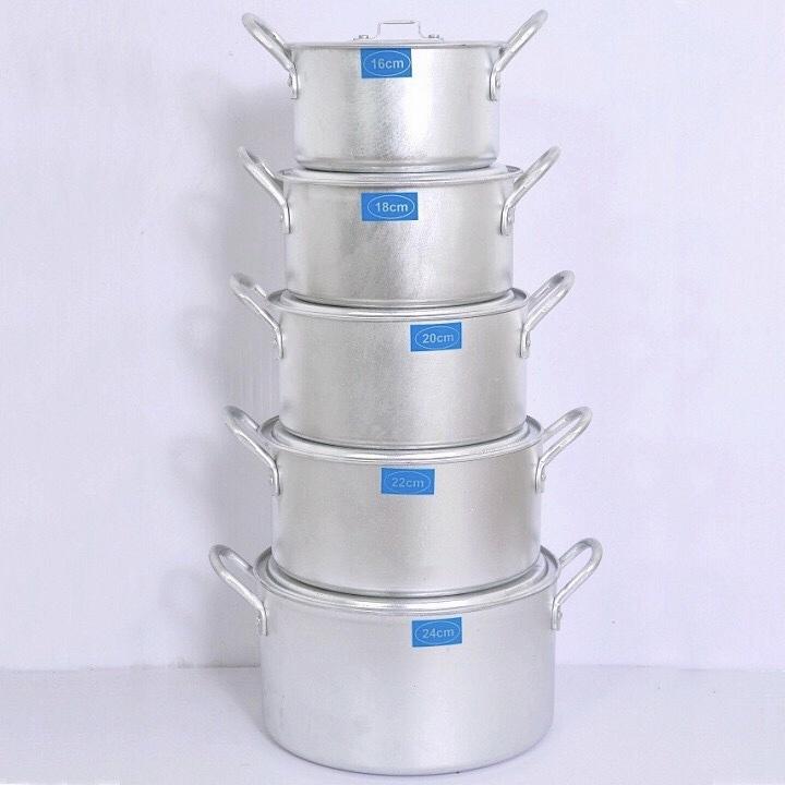 Bộ nồi nhôm tem xanh dày đủ cân, xoong nhôm, hầm, kho, đa năng cao cấp 5 cái (số 16 đến 24cm) + Quà Hàng VNXK
