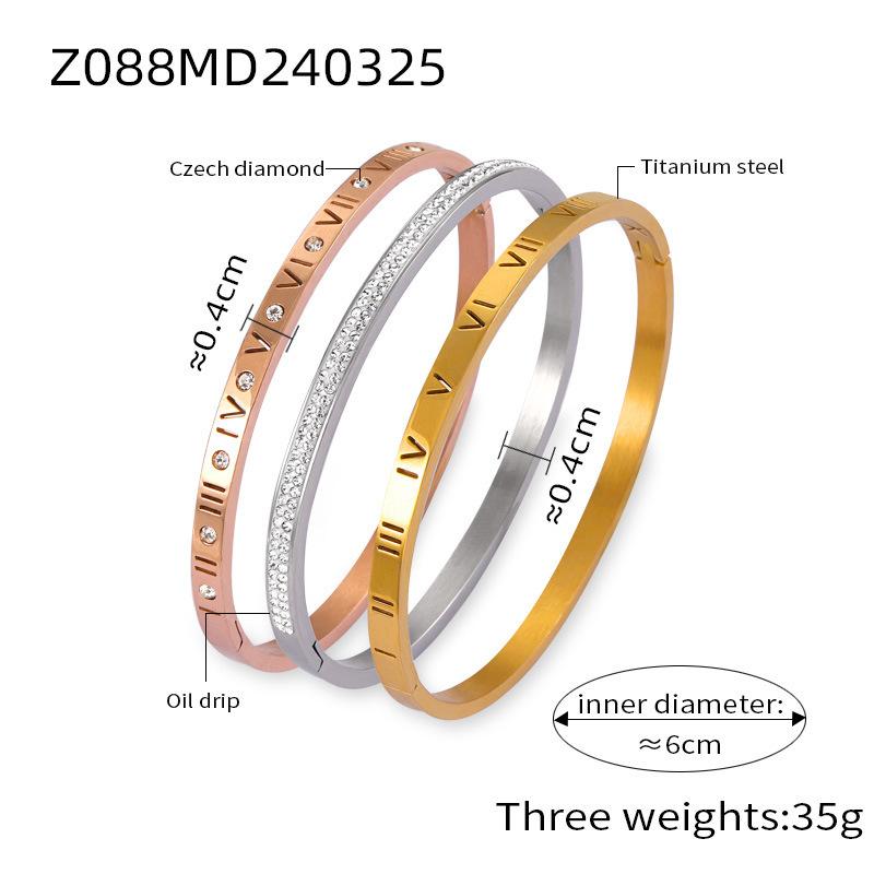 Product Introduction of Vintage niche personality unique simple jewelry carving Roman numeral design diamond titanium steel gold-plated bracelet 0
