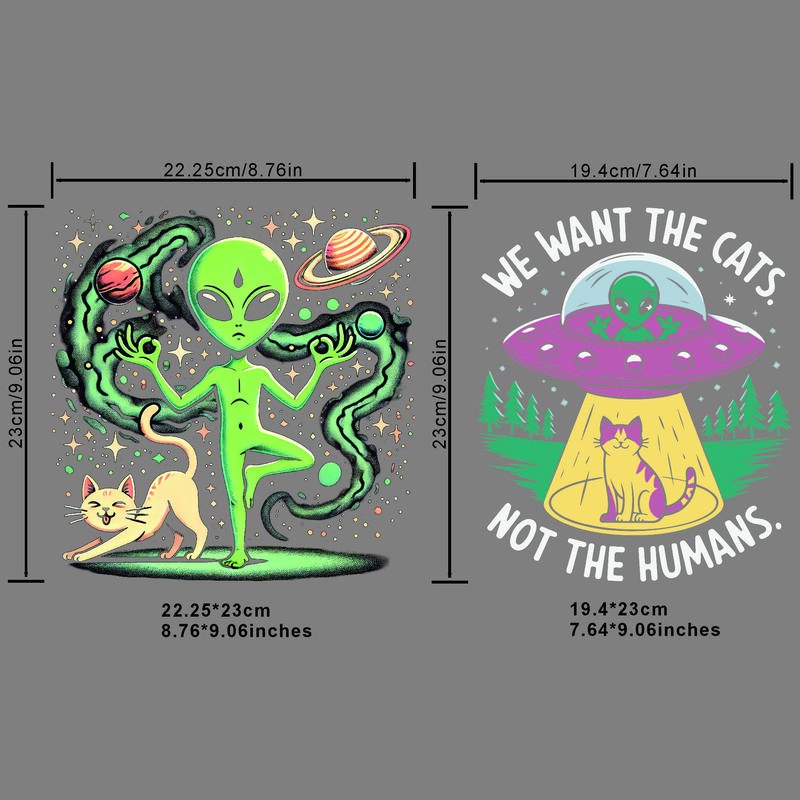 Alien & Cat Pattern Heat Transfer Sticker, 2/4 Counts Cartoon Animal Pattern Heat Transfer Sticker, DIY T-shirt, Jeans, Backpack, Handbag, Pillowcase and Vintage Baseball Cap 1