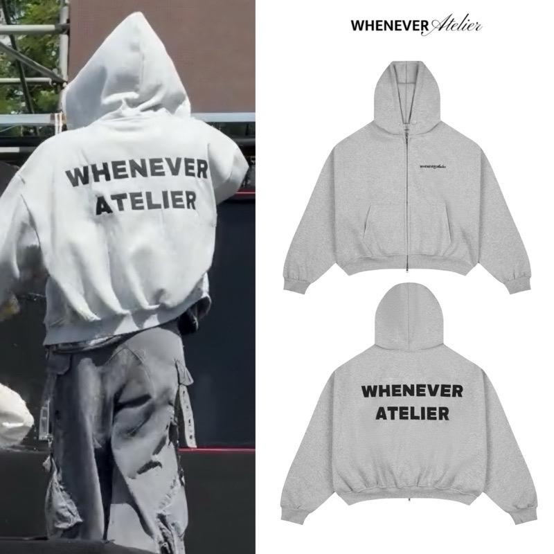 Áo hoodie màu xám zip boxy WHENEVER ATELIER BASIC ZIP UP vải nỉ bông cao cấp, hình thêu siêu bền