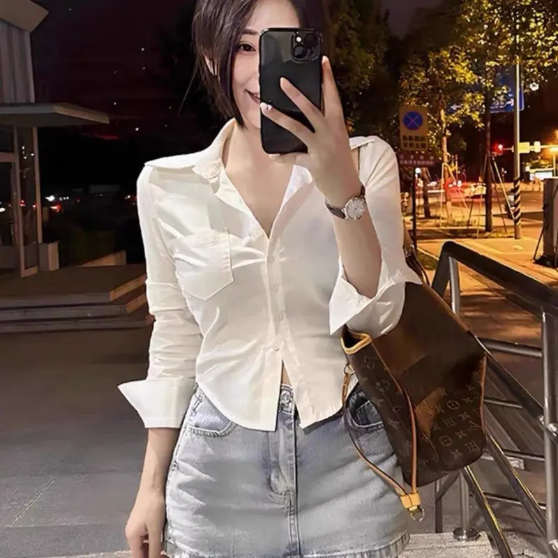Áo Sơ Mi Dài Tay Bó Sát Eo, Phong Cách Preppy Nữ, Phong Cách Dễ Thương Và Gợi Cảm, Dễ Phối Đồ, Áo Sơ Mi Trắng, Áo Ôm Sát Bên Trong, Áo Trơn Hàng Mới Về, Bán Chạy Women Top Shirt 6