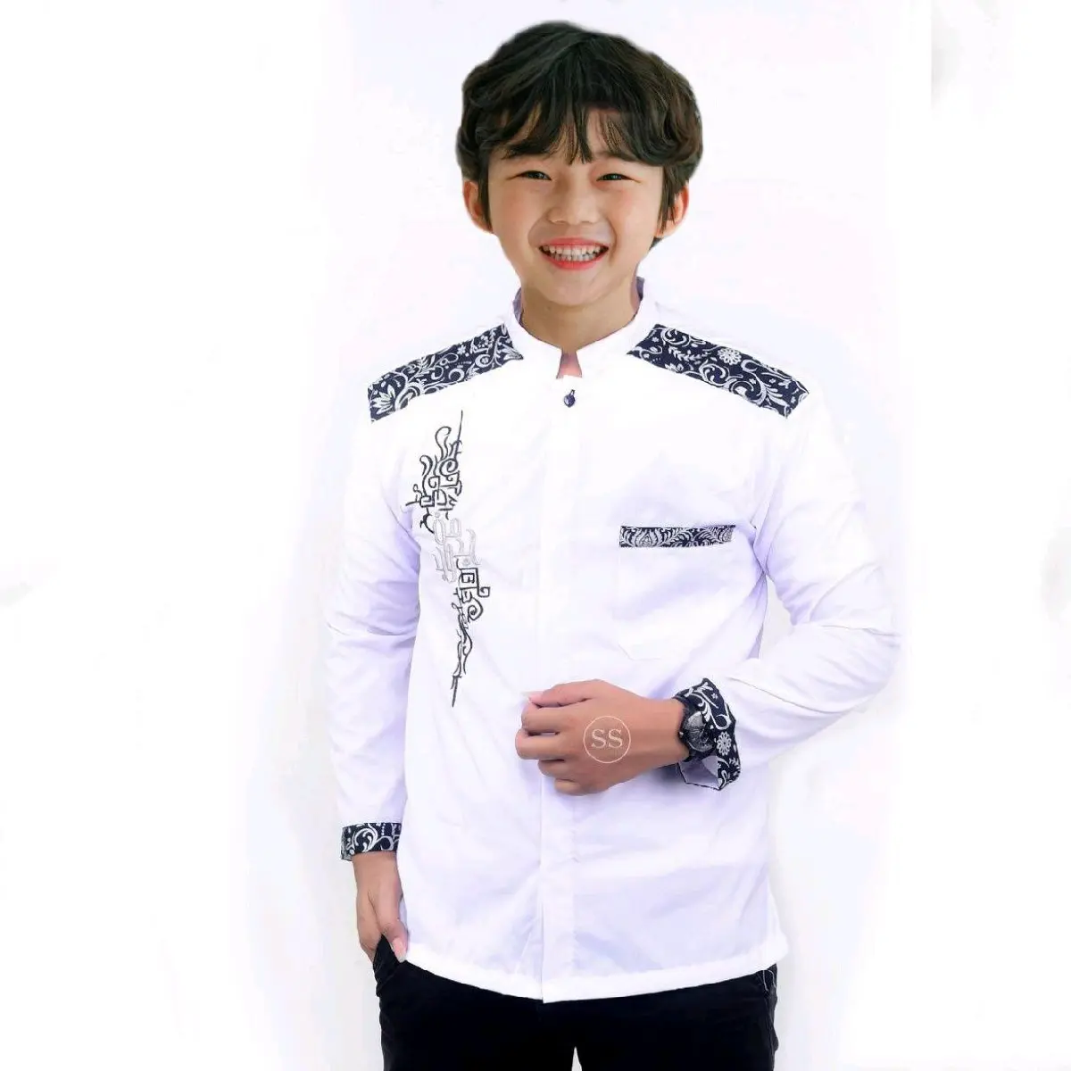 BAJU KOKO ANAK TANGGUNG SD_SMP MOTIF MANJADA Batik Bordir Muslim Kombinasi Katun Panjang Navy Setelan Atasan Remaja