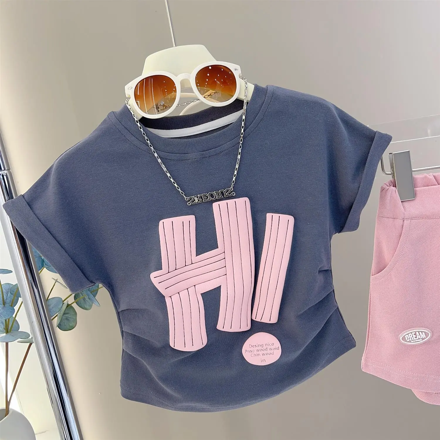 2024 Girls' Summer Korean Style Children's Printed Slim Fit Pleated T-shirt Girls' Solid Color Short Sleeve Trendy Half Sleeve Outer Wear
