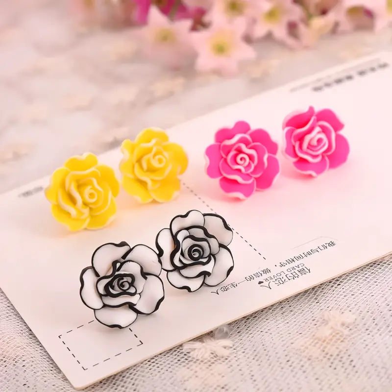 Anting Hijab Strip Rose Bunga Mawar Stud Earring Gaya Korea Putih Wanita Resin 7