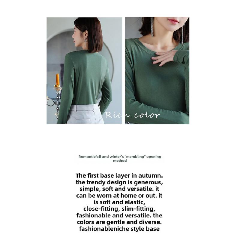 Product Introduction of Women's Long-Sleeved Bottoming Shirt Fall and Winter Inner Wear 2024 New Thread round Neck Loose Slim Western Style Black T-shirt Top Womenswear Lingerie Lady Comfort Longsleeve Basic turtleneck  tank Crewneck Minimalist 3
