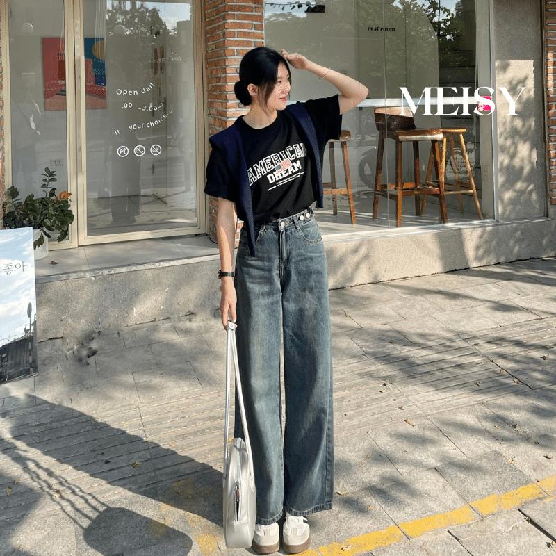  Quần ống rộng jeans bò nữ suông Meisy không co giãn có thắt eo phong cách Hàn Quốc có Bigsize 
