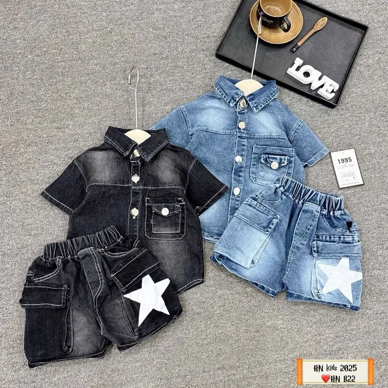 Bộ jean túi hộp cho bé trai size 8-28kg, chất jean mềm mặc thoải mái