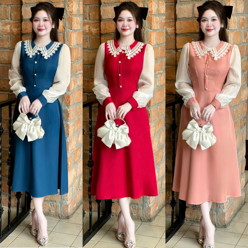 [FREESHIP] D14-Váy đầm nữ thiết kế cổ viền ren phối tay voan trắng dành cho các nàng diện đi làm, đi chơi sang chảnh, Vải tây phối tơ mềm mịn 38kg-60kg Mijustore Women Dress Màu Đen