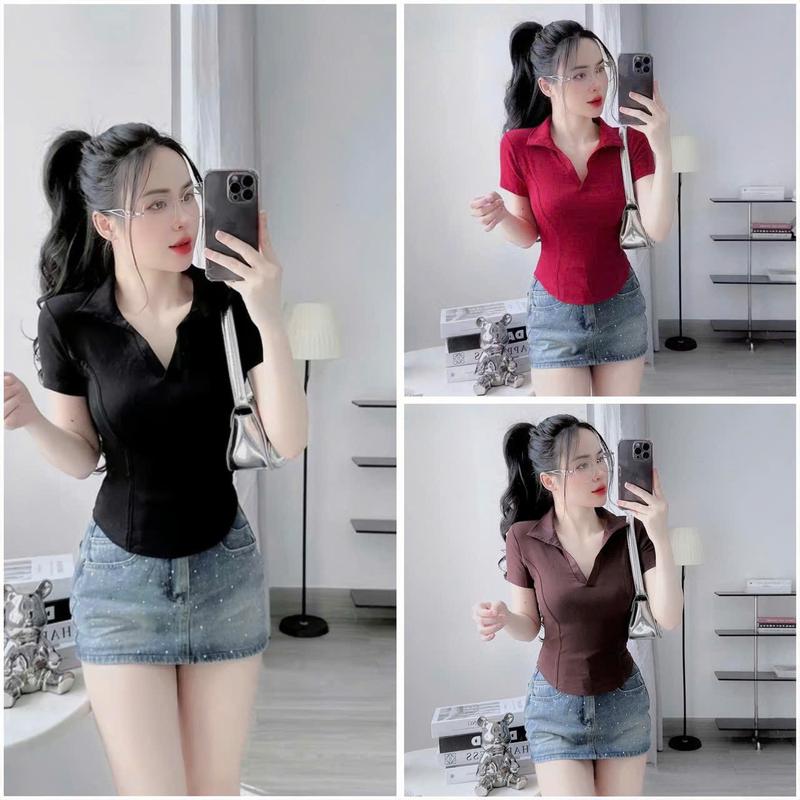  Áo thun tay ngắn cổ trụ viền thân chất borip co giãn thoải mái mặc mát  A418  