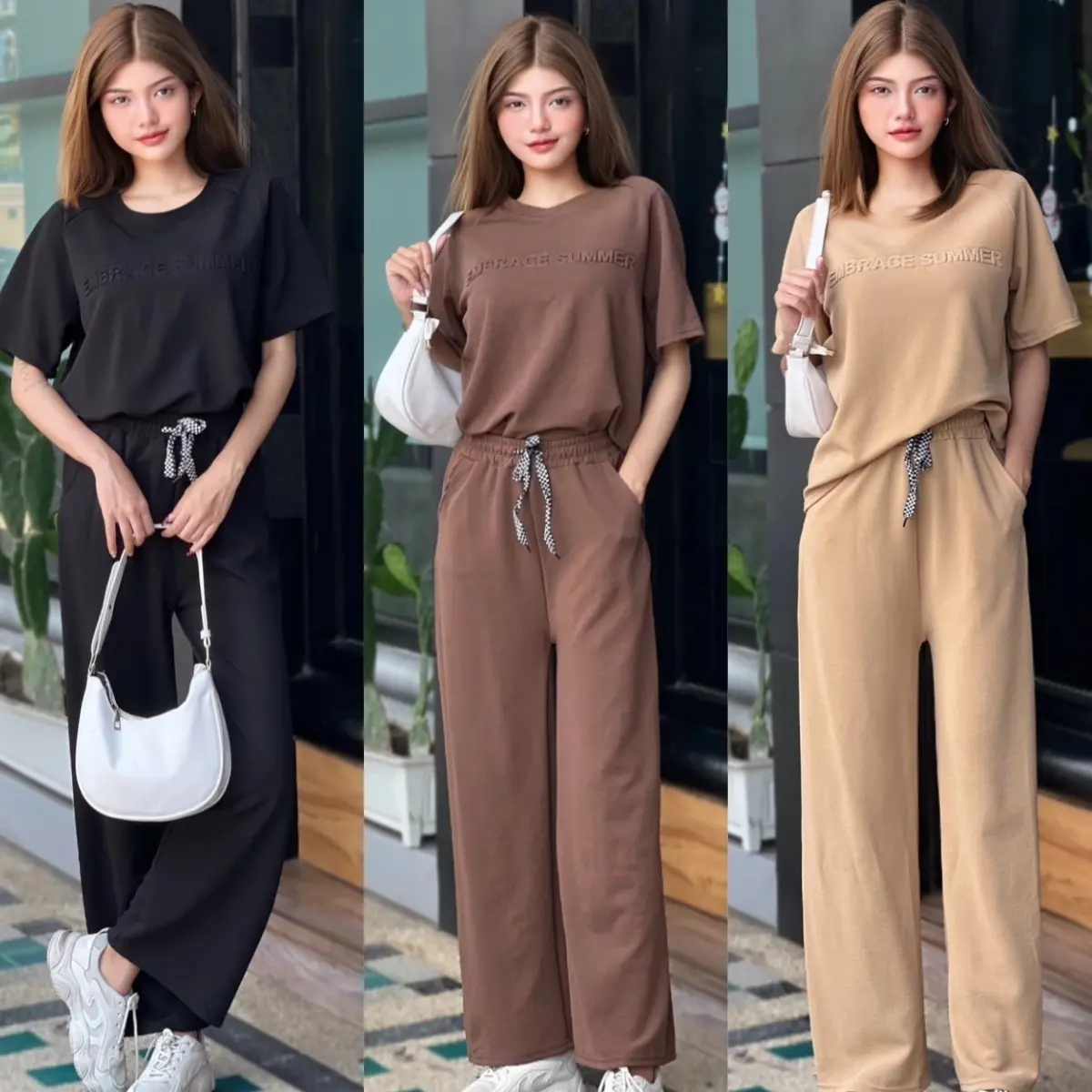 ชุดสตรี 5 สี เสื้อ+กางเกงขายาว ครามส์ใหญ่ เสื้อยืดปักลายตัวอักษรนูน TZ9984 - Clothing, Women