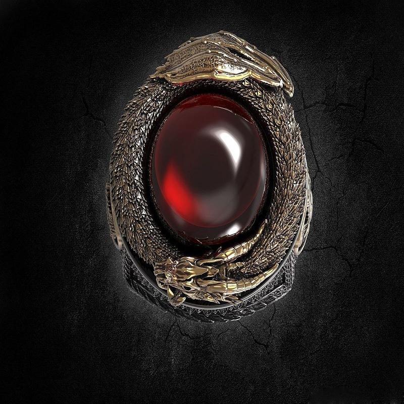 Dargon and Phoenix vintage black gold men's ring Engraved gold and red garnet ring Anniversary gift Wedding 3
