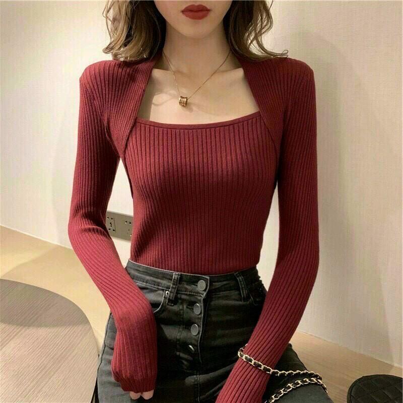 Áo len tăm cổ vuông chùm vai dài tay Nữ phong cách Top 4