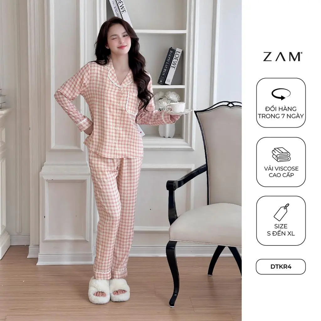 BỘ MẶC NHÀ ZAM - DTKR - BỘ DÀI TAY KẺ VISCO PHỐI REN