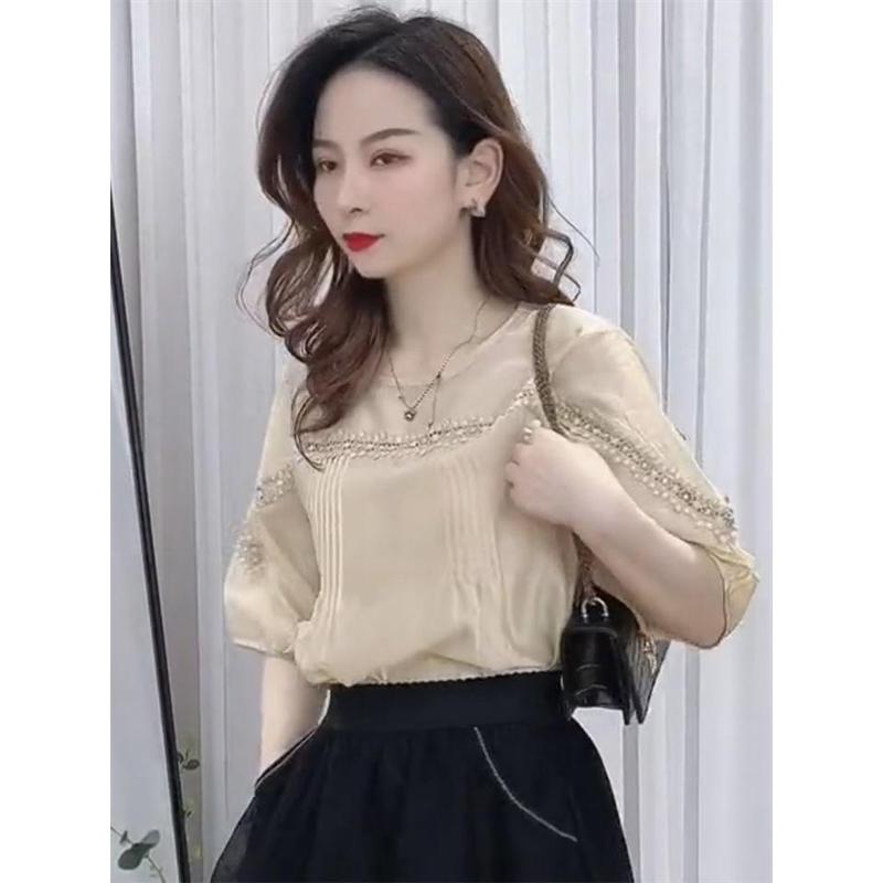 Áo sơ mi tay phồng 2024 giữa tay áo dành cho nữ mùa hè phong cách mới ren khâu rỗng dáng rộng cỡ lớn áo ngắn tay dành cho nữ Women Top 6