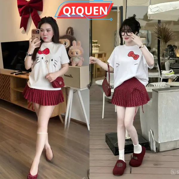 Sét áo phông in nơ mix với chân váy xếp ly xòe tầng thích hợp nhiều dịp 0