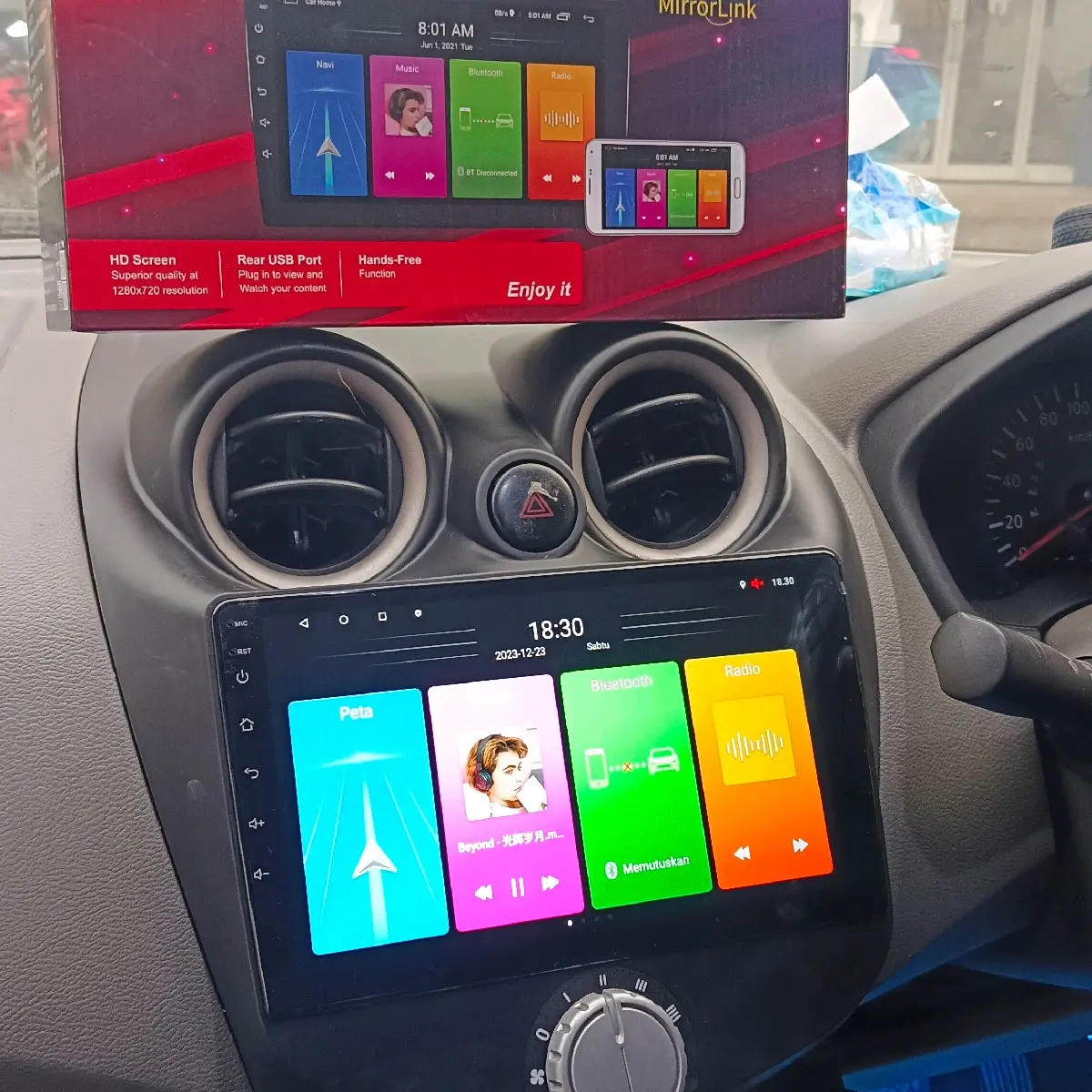datsun go pasang head unit android dhd lengkap ama freem Bluetooth