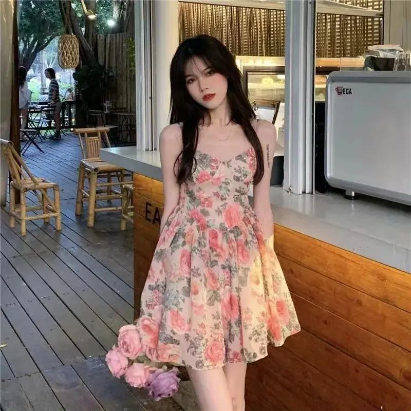 High Waist Temperament Slimming Floral Halter Dress Fairy Spring and Summer French Small Person New A-word Short Skirt