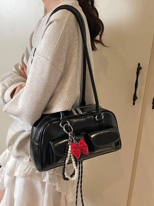 Women's Fashionable Plain Color Shoulder Bag, Casual Versatile Shoulder Bag with Charm Decor, Trendy All-match Commuter Bag for Daily Used 3