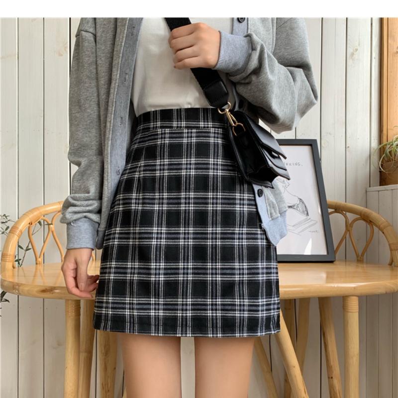 Product Introduction of Half length skirt, women's autumn outfit, new plaid bag buttacks half length skirt, black college style high waist slimming bag buttons A-line short skirt 6