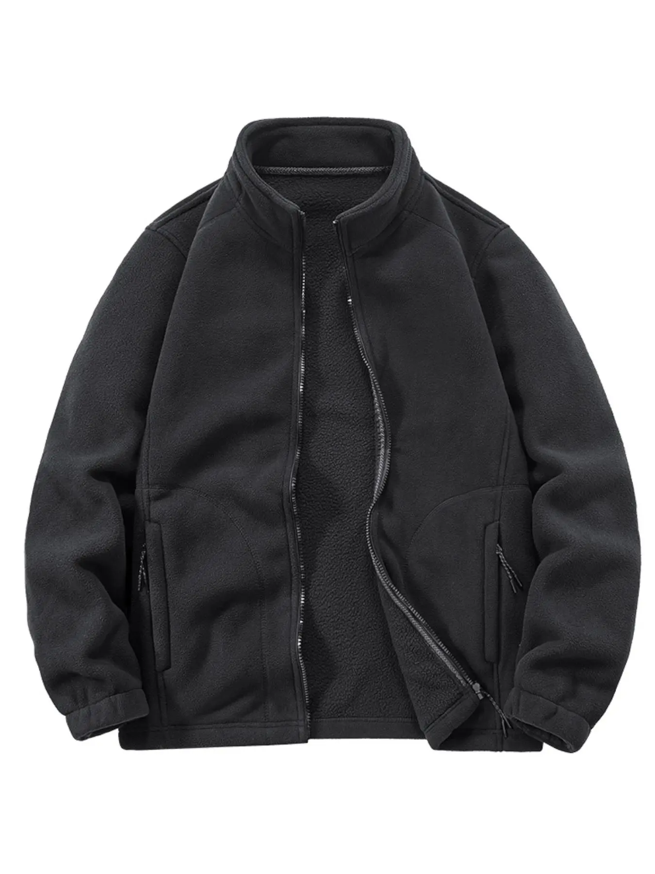 Men's Solid Zip Up Fleece Sporty Jacket, Loose Casual Long Sleeve Pocket Outerwear for Fall & Winter, Men's Sportswear for Outdoor Hiking